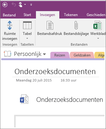 Schermafbeelding van het invoegen van een nieuw Visio-diagram in OneNote 2016.