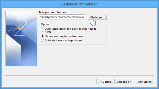 Blader naar het CSV-bestand met contactpersonen en kies wat er moet gebeuren met dubbele contactpersonen