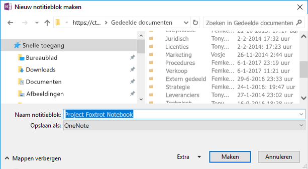 OneNote voor Windows 2016 - Dialoogvenster 'Nieuw notitieblok maken'