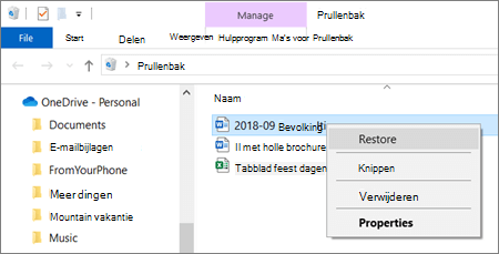 Klik met de rechtermuisknop op het menu om een verwijderd bestand uit de Prullenbak te herstellen