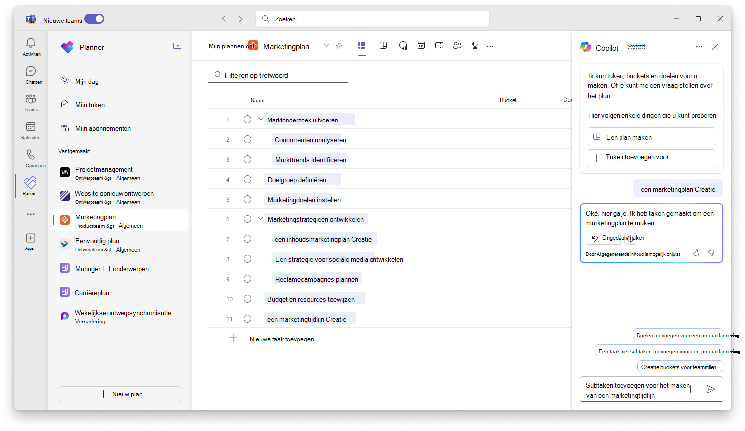 Schermopname van de gebruikersinterface voor Copilot in Planner het maken van een nieuw plan.