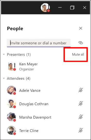 U kunt alle deelnemers in een vergadering dempen.