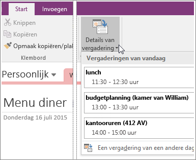 Schermafbeelding van de knop Details van vergadering in OneNote 2016.