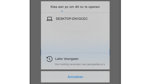 Schermafbeelding van Een pc kiezen in Microsoft Edge op iOS, zodat gebruikers webpagina's op hun computer kunnen openen.