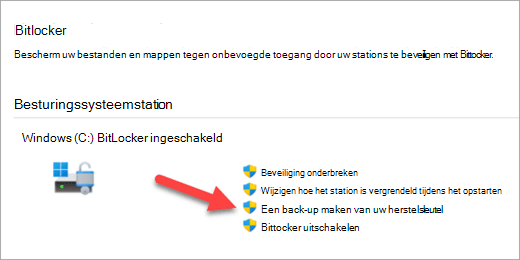 De app BitLocker-versleuteling beheren met een pijl die wijst naar de optie voor het maken van een back-up van uw BitLocker-herstelsleutel.