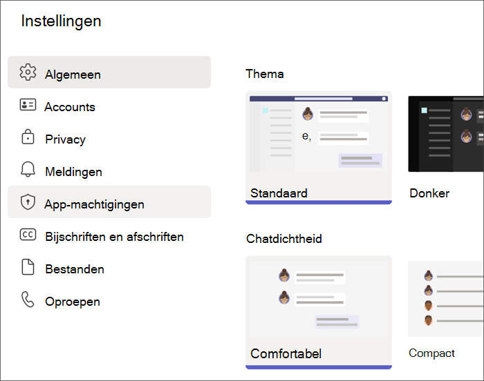 Schermopname van Teams-instellingen van een studentenprofiel. App-machtigingen is gemarkeerd.