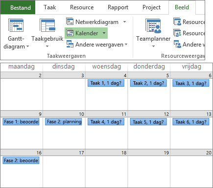 Samengestelde schermafbeelding van de groepen Taakweergaven en Resourceweergaven op het tabblad Beeld en een projectplan in de agendaweergave.