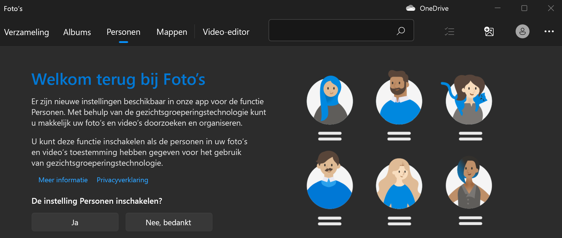 Toont het welkomstscherm voor foto's met ja- en nee-knoppen na een vraag over het in- of uitschakelen van de instelling Personen.
