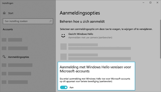 Ingeschakelde optie om Windows Hello te gebruiken voor het aanmelden bij Microsoft-accounts.