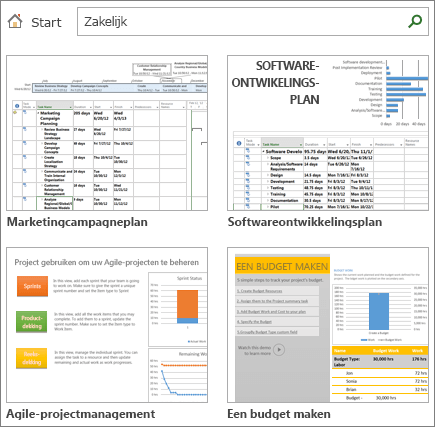 Schermafbeelding van projectplansjablonen in de categorie Zakelijk.