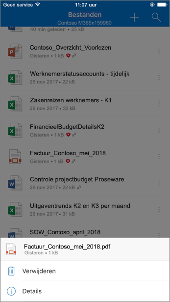 Schermopname van het verwijderen van een geblokkeerd bestand uit OneDrive voor Bedrijven van de mobiele OneDrive-app