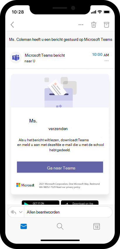 Schermafbeelding van e-mail op een mobiel apparaat waarin ouders worden uitgenodigd om het bericht van de docent te openen in Teams. 