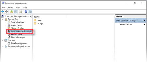 Het scherm Computerbeheer in Windows 11, met Lokale gebruikers en groepen gemarkeerd.