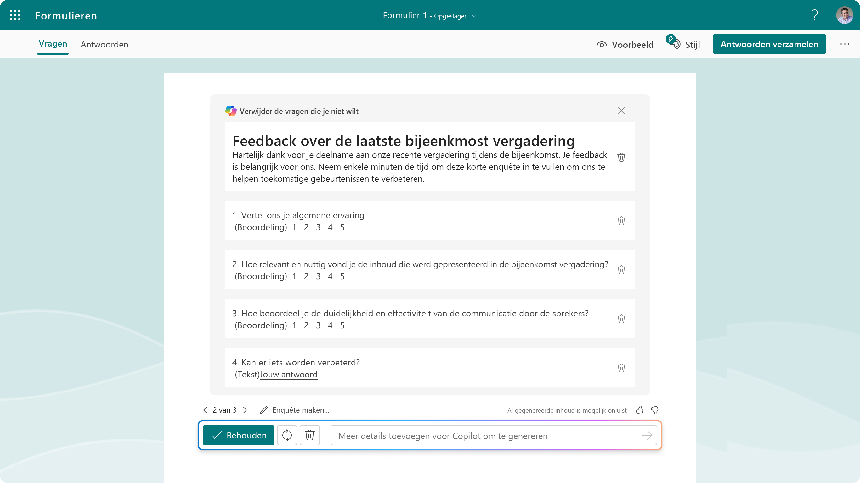 Schermopname van de voorgestelde vragen voor Copilot in Forms