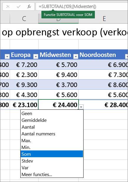 Voorbeeld van het selecteren van een formule voor een totaalrij in de vervolgkeuzelijst met functies voor totaalrijen