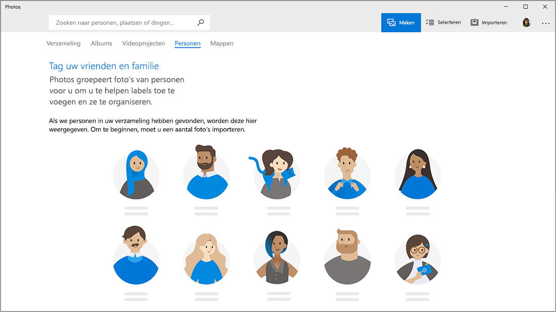 Schermafbeelding van het tabblad Personen voordat deze wordt gevuld met gezichten.