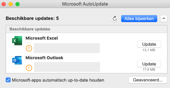 Afbeelding van het Microsoft AutoUpdate-dashboard met informatie over de updates.