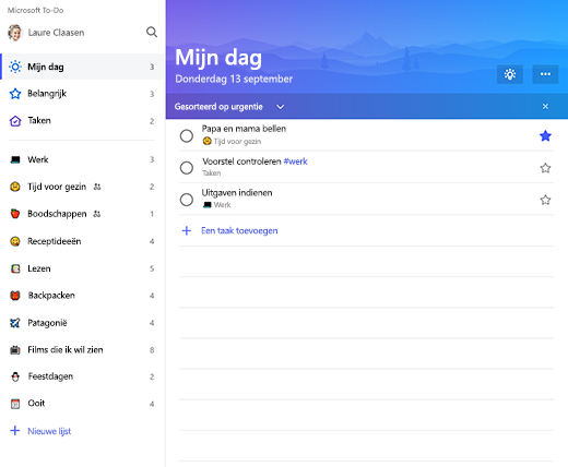 Schermafbeelding met de zijbalk en Mijn dag in Microsoft To-Do