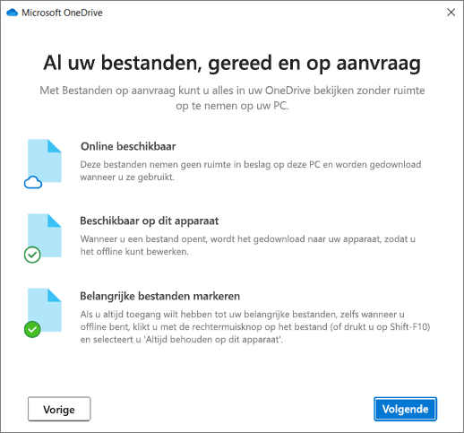 Schermafbeelding van Bestanden op aanvraag in de wizard Welkom bij OneDrive