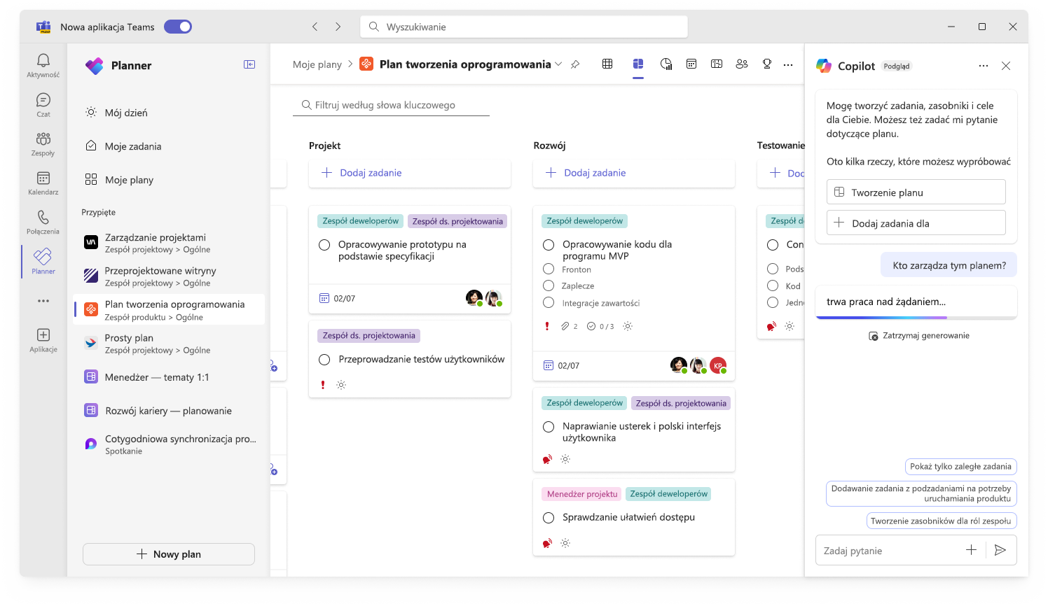 Zrzut ekranu przedstawiający interfejs użytkownika funkcji Copilot w aplikacji Planner podczas śledzenia postępów.