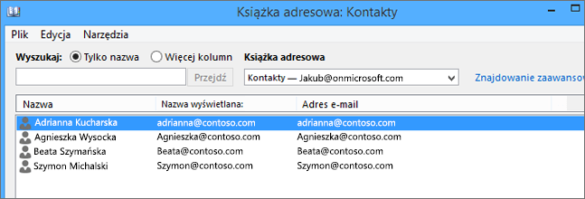 Kontakty zaimportowane z usługi Google Gmail do usługi Office 365 są widoczne w książce adresowej: Kontakty