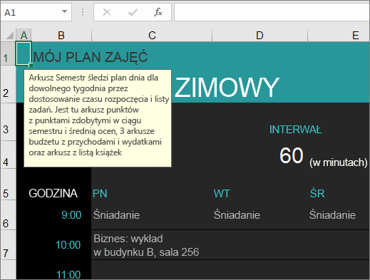 Nowy szablon do zarządzania zajęciami na uczelni w programie Excel z opisami elementów.