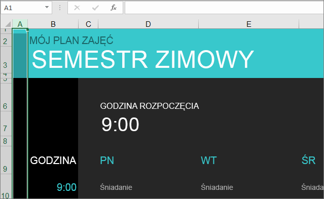 Stare: szablon programu Excel Menedżer zajęć na uczelni bez opisów elementów.