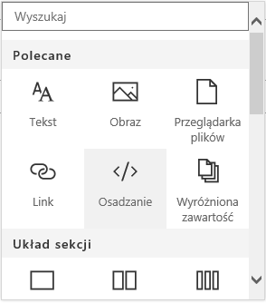 Zrzut ekranu przedstawiający menu osadzania zawartości w programie SharePoint.