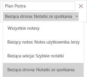 Pokazuje listę rozwijaną wyszukiwania z opcjami zakresu, strona bieżąca jest aktywna.