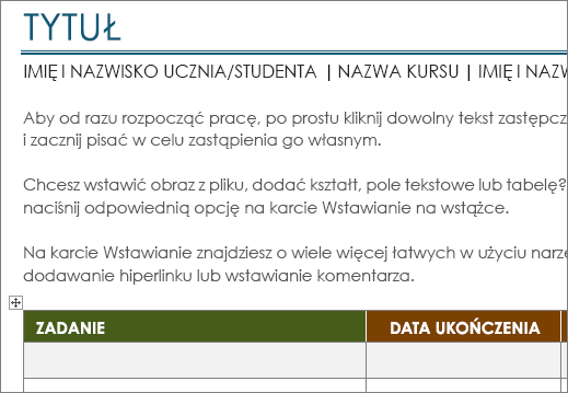 Nowy szablon listy zadań projektu o minimalnym rozmiarze czcionki 11 pkt.