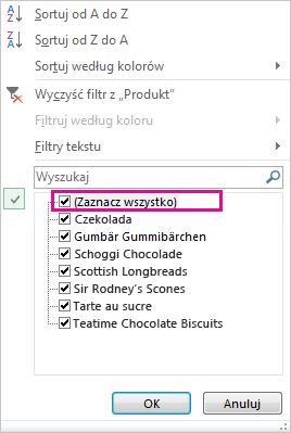 Pole wyboru Zaznacz wszystko w galerii sortowania i filtrowania