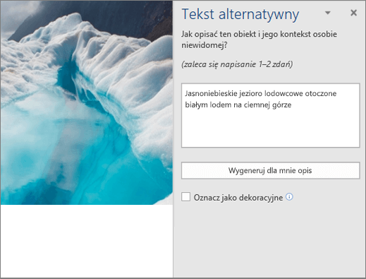 Nowe okno dialogowe Tekst alternatywny zawierające automatycznie wygenerowany tekst alternatywny w programie Word