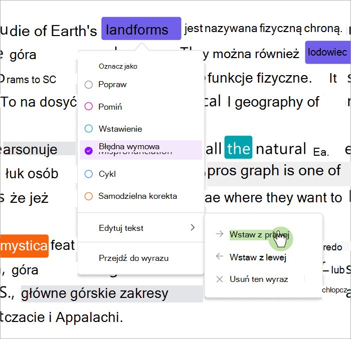 Zrzut ekranu przedstawiający okienko sprawdzania postępów w czytaniu pokazujące sposób wstawiania wyrazów po prawej lub lewej stronie zaznaczonego wyrazu