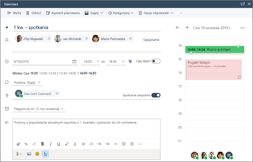 Planowanie spotkania w aplikacji Outlook w sieci Web
