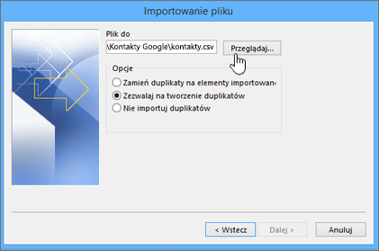 Przejdź do pliku csv kontaktów i wybierz sposób obsługi kontaktów zduplikowanych