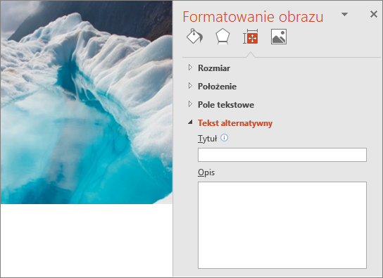 Stary obraz jeziora polodowcowego z oknem dialogowym Formatowanie obrazu niezawierającym tekstu alternatywnego w polu Opis.