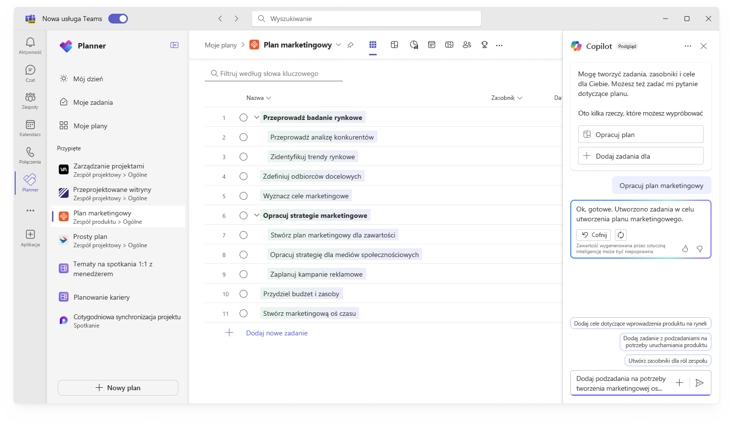 Zrzut ekranu przedstawiający interfejs użytkownika funkcji Copilot w aplikacji Planner podczas tworzenia nowego planu.