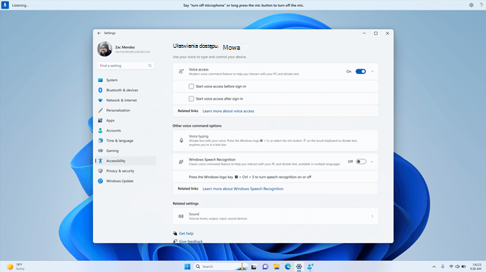 Strona ustawień ułatwień dostępu z włączonym dostępem głosowym i polami wyboru umożliwiającymi rozpoczęcie dostępu głosowego przed zalogowaniem się lub po nim.