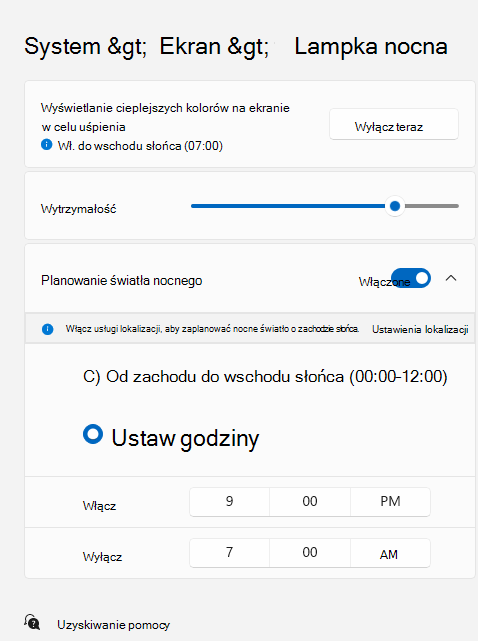 Przedstawia stronę Wyświetlanie nocne z włączonym przełącznikiem "Zaplanuj wyświetlanie nocne", a poniżej wybrano opcję "Ustaw godziny".