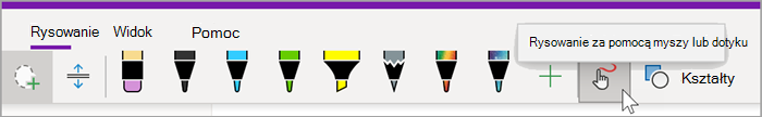 zrzut ekranu przedstawiający kartę rysowania programu OneNote dla Windows 10 z wskaźnikiem myszy na przycisku "Rysuj za pomocą myszy lub dotyku"