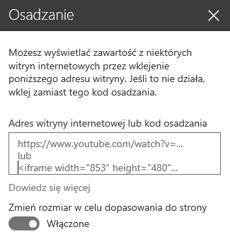 Zrzut ekranu przedstawiający okno dialogowe kodu osadzania w programie SharePoint.