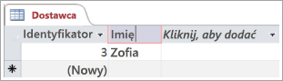 Wycinek ekranu przedstawiający tabelę Dostawcy z widocznymi dwoma wierszami z identyfikatorem