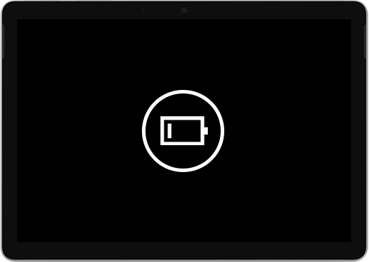 Czarny ekran z ikoną niskiego poziomu baterii.