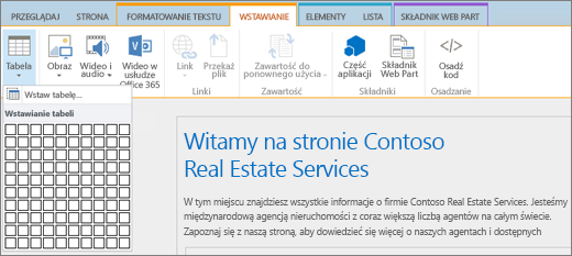 Zrzut ekranu przedstawia wstążkę usługi SharePoint Online. Wybierz kartę Wstawianie, a następnie pozycję Wstaw tabelę, aby określić liczbę wierszy i kolumn dla nowej tabeli.