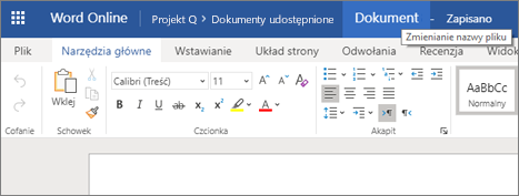 Klikanie paska tytułu w celu zmiany nazwy dokumentu (Word Online)