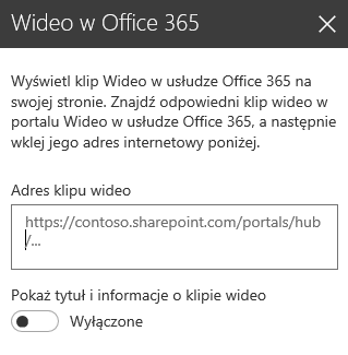 Zrzut ekranu przedstawiający okno dialogowe adresu klipu wideo z usługi Office 365 w programie SharePoint.