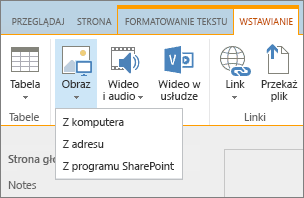 Zrzut ekranu przedstawiający wstążkę usługi SharePoint Online. Wybierz kartę Wstawianie, a następnie pozycję Obraz, aby określić, czy przekazać plik z komputera, adresu internetowego, czy z lokalizacji programu SharePoint.