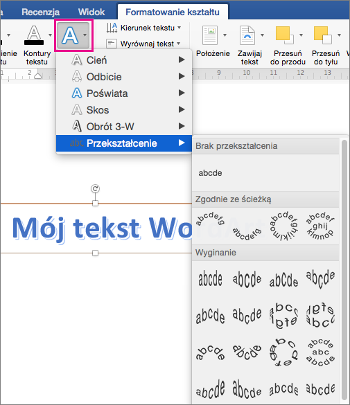 Karta Formatowanie kształtu z wyróżnioną opcją Efekty tekstowe.