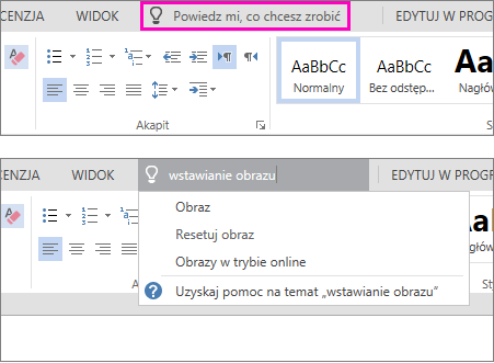 Pole wyszukiwania Powiedz mi na wstążce w aplikacji Word Online.