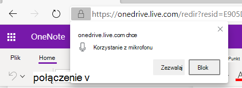 Zrzut ekranu przedstawiający uprawnienia do dyktowania w programie OneNote.